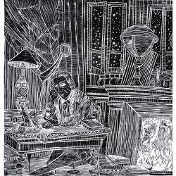 Lu Verrier scopre il pianeta Nettuno, linografia, 70 x 50 cm. 2005