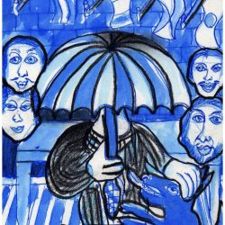 El Paraguas Azul, acquerello su carta, 15 x 10 cm. 2016